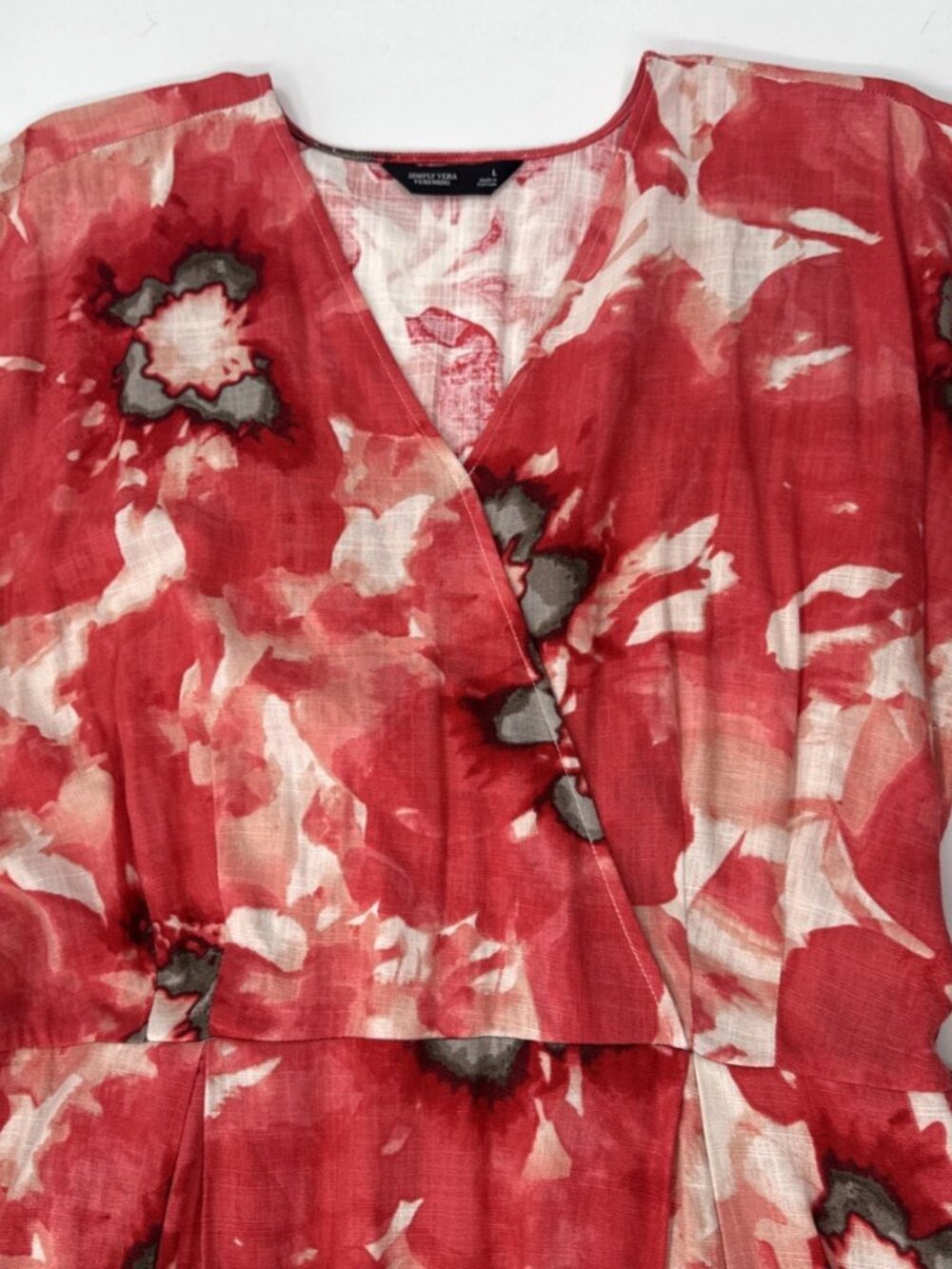 Simply Vera Wang Women’s Large Red Floral Dress Belted Midi Pleated Linen New - Picture 3 of 11